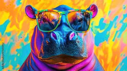 Playful colorful hippopotamus wearing vibrant sunglasses, set against a bright, cheerful background