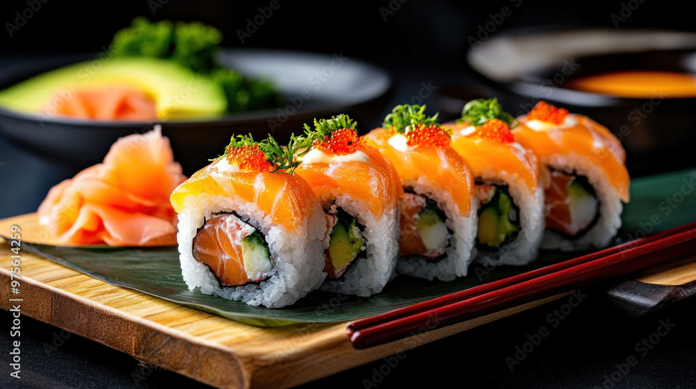 The image features sushi rolls filled with fresh salmon and avocado, beautifully presented with soy sauce and wasabi. The image features sushi rolls filled with fresh salmon and avocado, beautifully presented with soy sauce and wasabi.