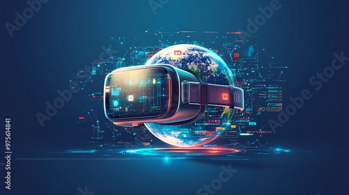 Futuristic Virtual Reality Headset with Global Technology Interface Elements - Illustration with Copy Space for Technology Global Theme