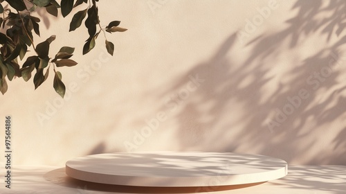 Minimalist podium stage concrete textured soft wall with shadow light and decoration plant photo