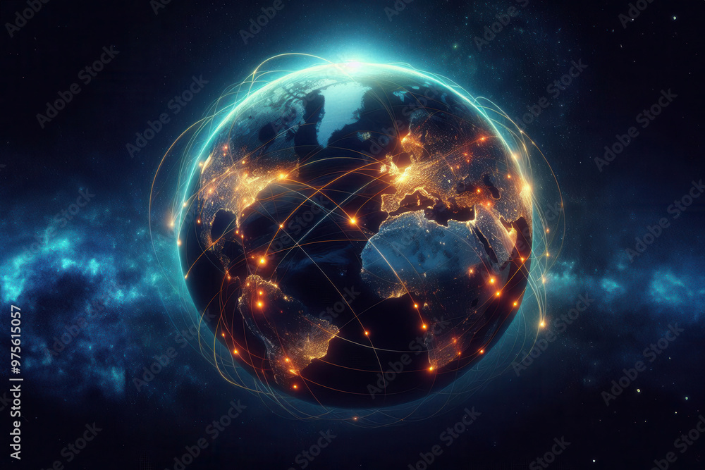 The Earth from space at night, showcasing continents lit up with city lights and a network of glowing curved lines connecting different points across the continents, symbolizing global communication l The Earth from space at night, showcasing continents lit up with city lights and a network of glowing curved lines connecting different points across the continents, symbolizing global communication l