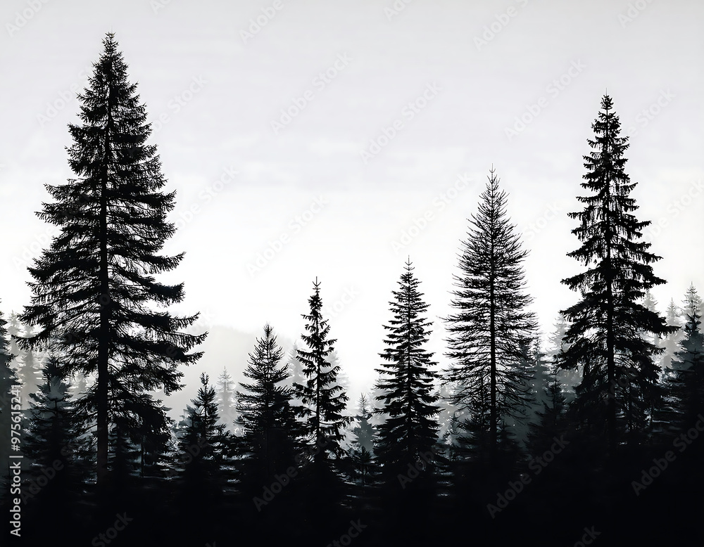 Fototapeta premium Forest silhouette with evergreen trees, including pines, firs, and cedars, perfect for a na_1(434)