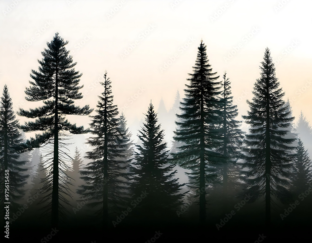 Fototapeta premium Forest silhouette with evergreen trees, including pines, firs, and cedars, perfect for a na_1(435)