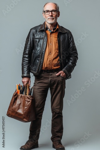 Stylish mature man in leather jacket holding a bag full of art supplies photo