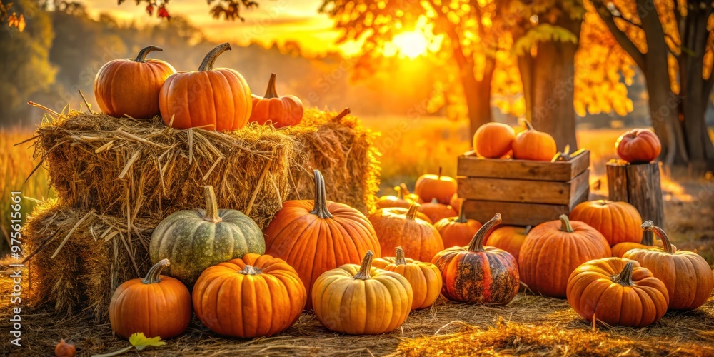 Golden afternoon light blankets a bounty of vibrant pumpkins, overflowing wooden slats, and rustic hay bales, capturing the cozy essence of a harvest season photoshoot. Golden afternoon light blankets a bounty of vibrant pumpkins, overflowing wooden slats, and rustic hay bales, capturing the cozy essence of a harvest season photoshoot.