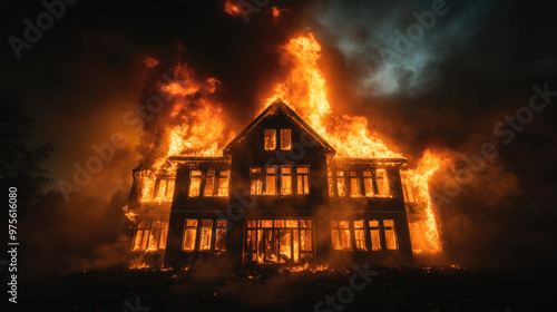 The image shows a building blaze lighting up the night, as flames burst through windows and smoke billows.