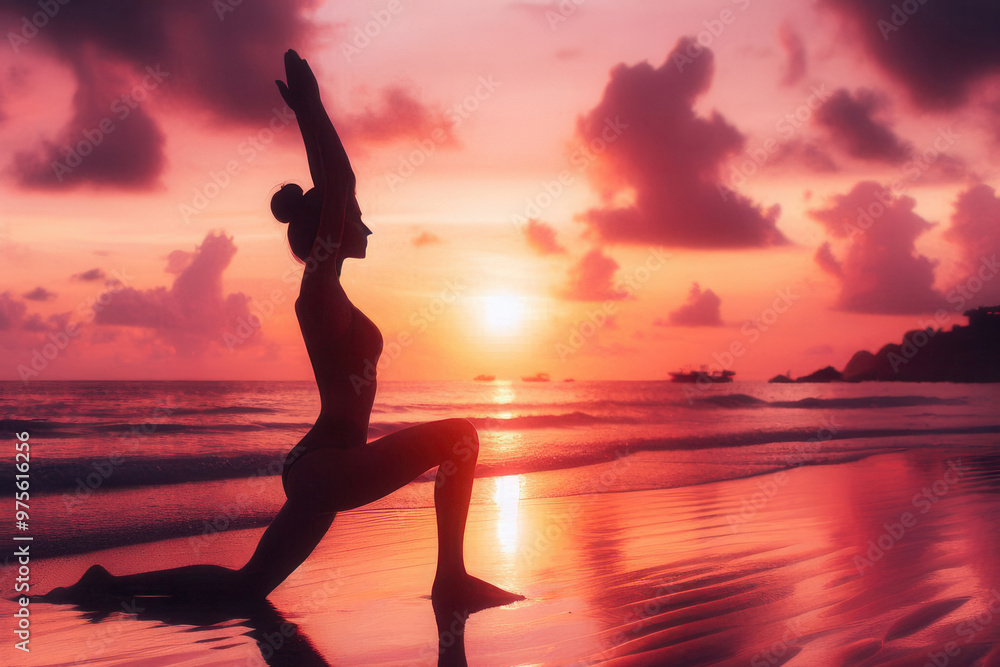 Fototapeta premium A silhouette of a person practicing yoga on a beach at sunset