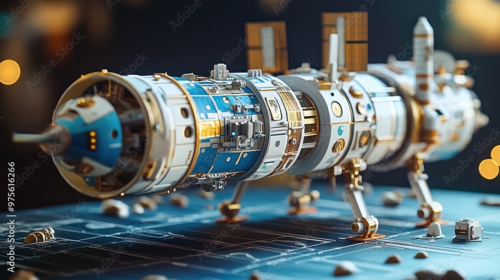 Obraz premium A DIY space exploration model kit, allowing enthusiasts to build miniature spacecraft and space stations, perfect for hobbyists and students.