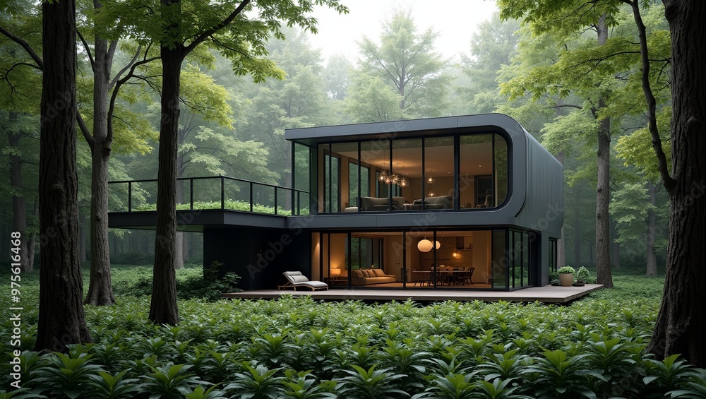 Sleek glass house blending with forest surroundings Sleek glass house blending with forest surroundings