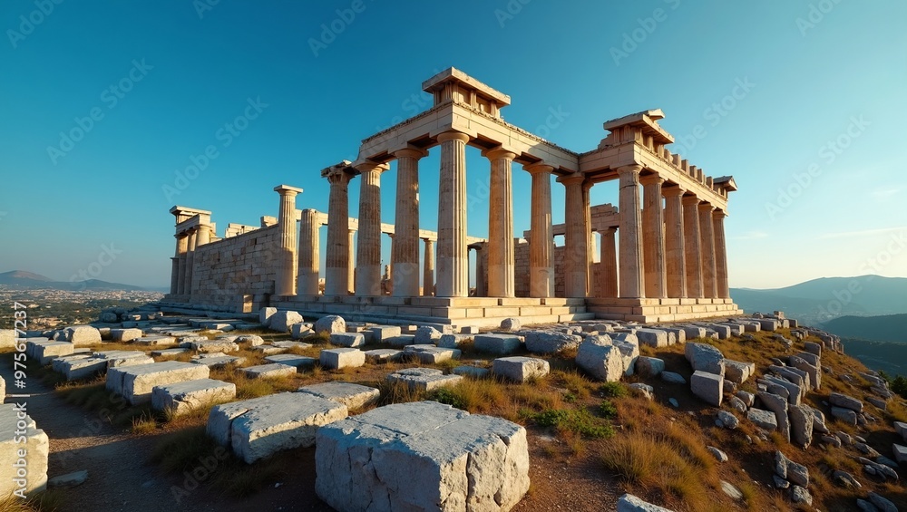 Fototapeta premium Ancient Greek temple ruins on hill under blue sky