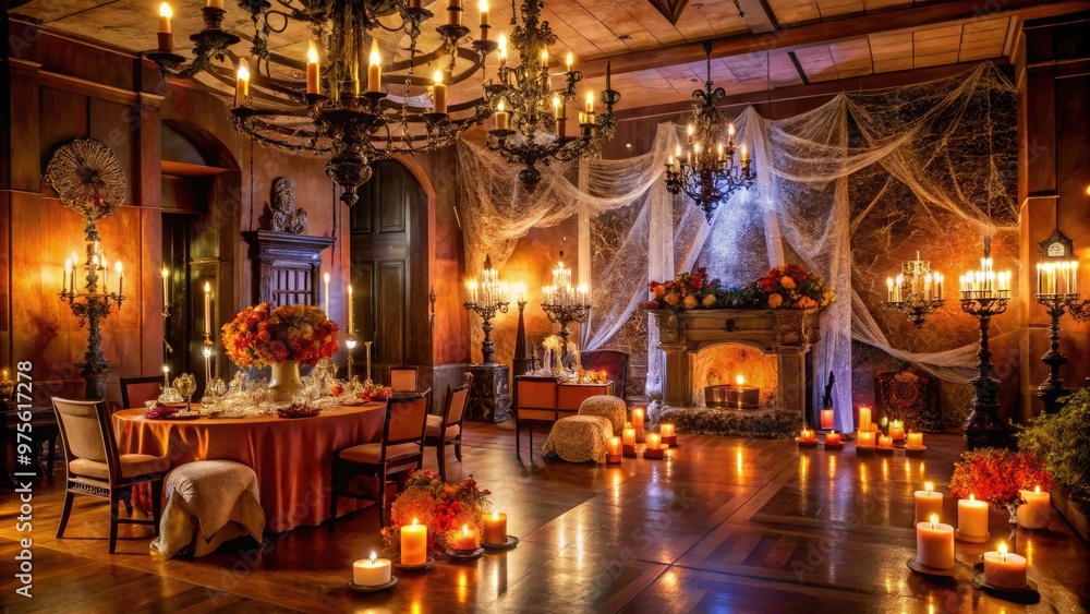 Obraz premium A spooky-chic ballroom in Kansas City hosts an eerie Halloween bash, featuring candles, cobwebs, and a haunted mansion backdrop amidst autumnal decor and dim lighting.