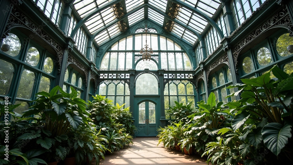 Elegant Victorian greenhouse with lush tropical plants and ornate metalwork Elegant Victorian greenhouse with lush tropical plants and ornate metalwork