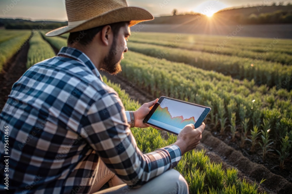 Farmer Using Tablet in Lush Field at Sunset. Embracing Data-Driven Agriculture Farmer Using Tablet in Lush Field at Sunset. Embracing Data-Driven Agriculture