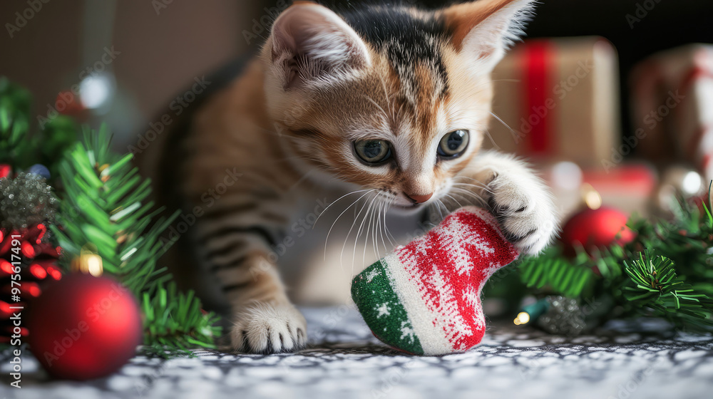 Cute Kitten Playing With Christmas Stocking Cute Kitten Playing With Christmas Stocking