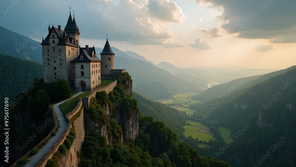 Majestic European castle on cliff at sunrise with lush valley below Majestic European castle on cliff at sunrise with lush valley below