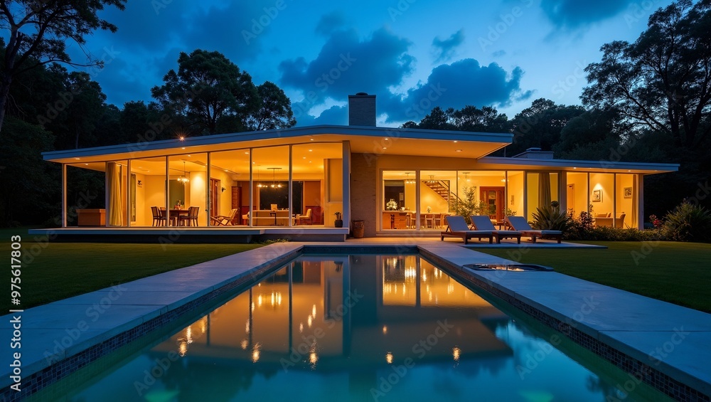 Modern home with large windows glowing at night reflecting in pool surrounded by nature Modern home with large windows glowing at night reflecting in pool surrounded by nature