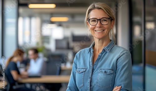 Businesswoman Portrait,  Glasses, Blue Shirt, Office
