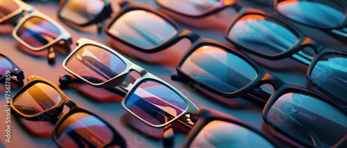 An arranged collection of stylish sunglasses with various frames and tinted lenses, exhibiting fashion trends and personal style.