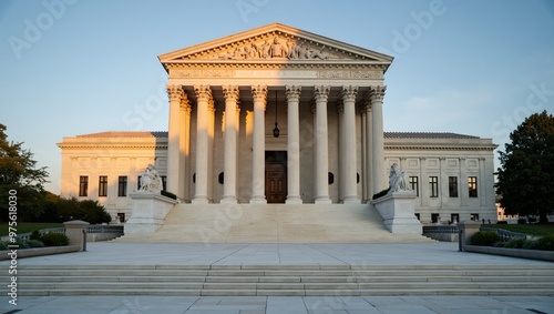 Neoclassical courthouse with grand steps and columns in golden light