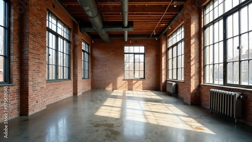 Urban loft with exposed brick high ceilings and industrial windows flooded with natural light