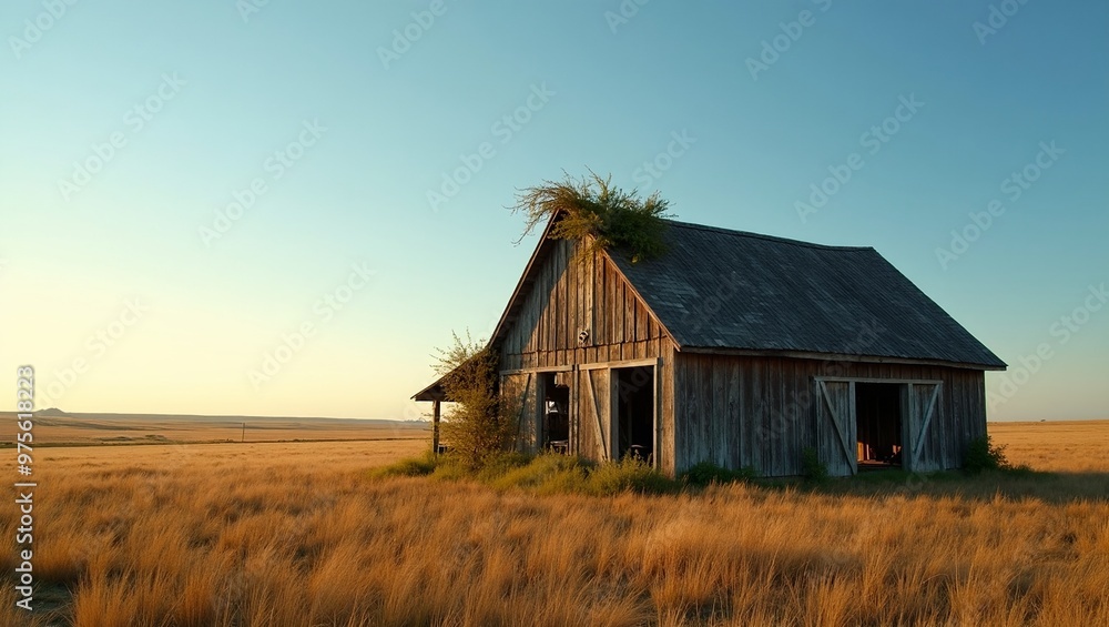 Rustic barn in open field bathed in warm afternoon light Rustic barn in open field bathed in warm afternoon light