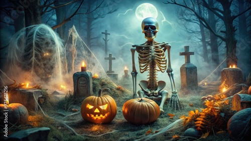 A spooky graveyard scene featuring a giant, glowing-eyed skeleton emerging from the ground, surrounded by cobwebs, pumpkins, and eerie fog on a dark Halloween night. photo