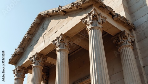 Detailed close up of a Greco Roman building with fluted columns and intricate carvings photo