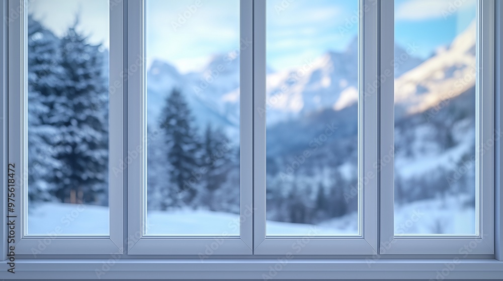 Glass window winter mountain view corner blue metal frame with plant in outdoor with sun bright Glass window winter mountain view corner blue metal frame with plant in outdoor with sun bright