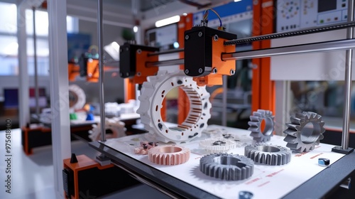 An educational setting with a 3D printer printing robotic components for a student project, including gears and joints.