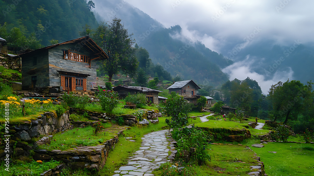 Obraz premium A Himalayan village setting with locals using medicinal plants for traditional remedies, showing the integration of herbs in daily life