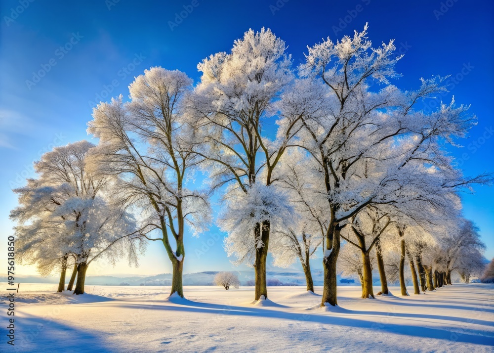 Tall deciduous trees stand amidst gently fallen snow, their bare branches etched against a serene blue sky, in quiet winter wonderland landscape. Tall deciduous trees stand amidst gently fallen snow, their bare branches etched against a serene blue sky, in quiet winter wonderland landscape.