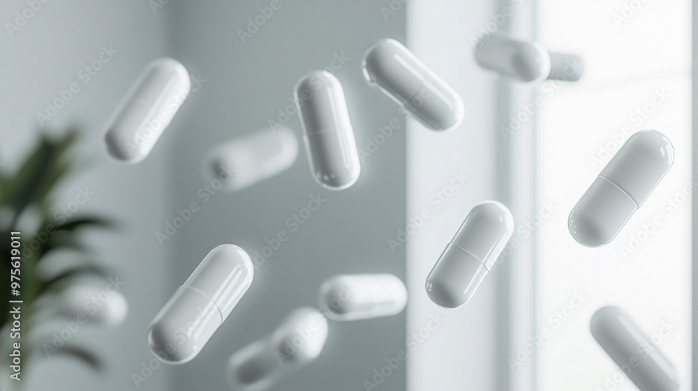 White capsules spread out in the air on black background White capsules spread out in the air on black background