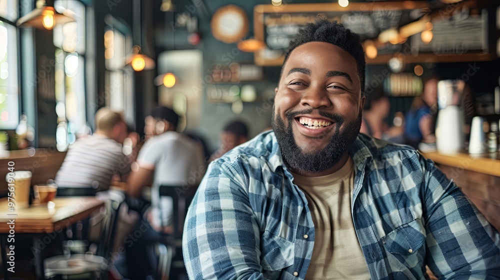 A plus-size man socializing with friends at a café, highlighting friendship, social interaction, and a relaxed atmosphere. The image captures joy and connection in a casual setting, banner copyspace A plus-size man socializing with friends at a café, highlighting friendship, social interaction, and a relaxed atmosphere. The image captures joy and connection in a casual setting, banner copyspace