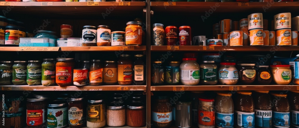 Shelves packed with an array of jars and tins in a pantry evoke a sense of abundance and homey comfort. Shelves packed with an array of jars and tins in a pantry evoke a sense of abundance and homey comfort.