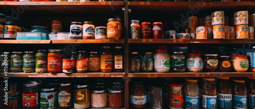 Shelves packed with an array of jars and tins in a pantry evoke a sense of abundance and homey comfort.