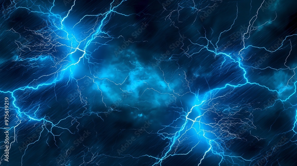 Fototapeta premium An electrifying scene of neon blue lightning strikes, with intricate branching patterns glowing brightly against a stormy sky backdrop.