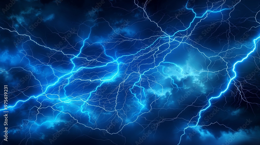 An electrifying scene of neon blue lightning strikes, with intricate branching patterns glowing brightly against a stormy sky backdrop. An electrifying scene of neon blue lightning strikes, with intricate branching patterns glowing brightly against a stormy sky backdrop.