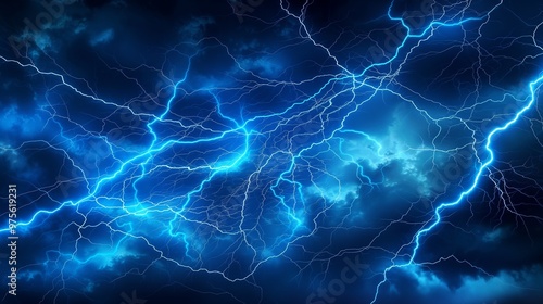 An electrifying scene of neon blue lightning strikes, with intricate branching patterns glowing brightly against a stormy sky backdrop.
