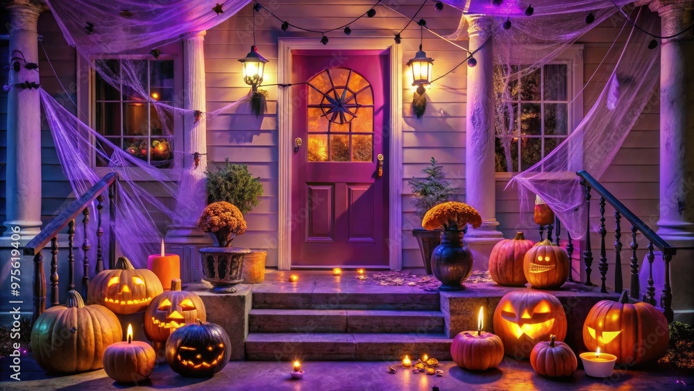 Obraz premium A spooky purple-lit porch displays a sign reading 