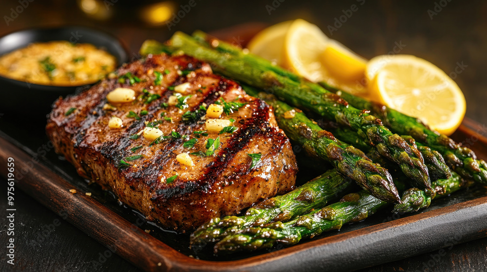The roasted asparagus is tossed with garlic and Parmesan, served with a squeeze of lemon for added zest. The roasted asparagus is tossed with garlic and Parmesan, served with a squeeze of lemon for added zest.