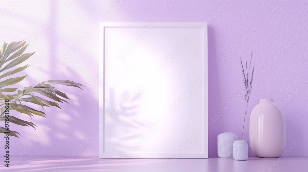 Blank white wooden frame mockup on purple wall with plant decoration Blank white wooden frame mockup on purple wall with plant decoration
