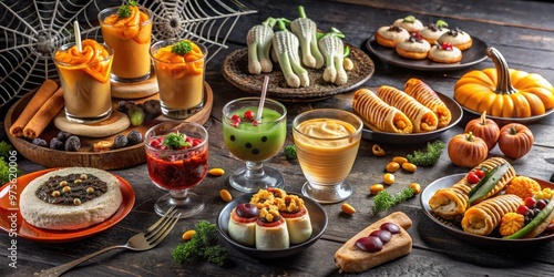 A spooky spread of eerie eats features witches' brew punch, graveyard dirt cups, mummy hot dogs, and skeletal finger cookies on a cobweb-covered tablecloth. photo