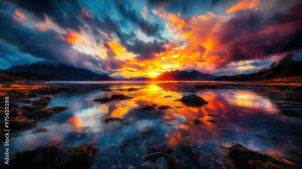 The sky is ablaze with the final light of the day, reflecting on the water below in a stunning display. The sky is ablaze with the final light of the day, reflecting on the water below in a stunning display.