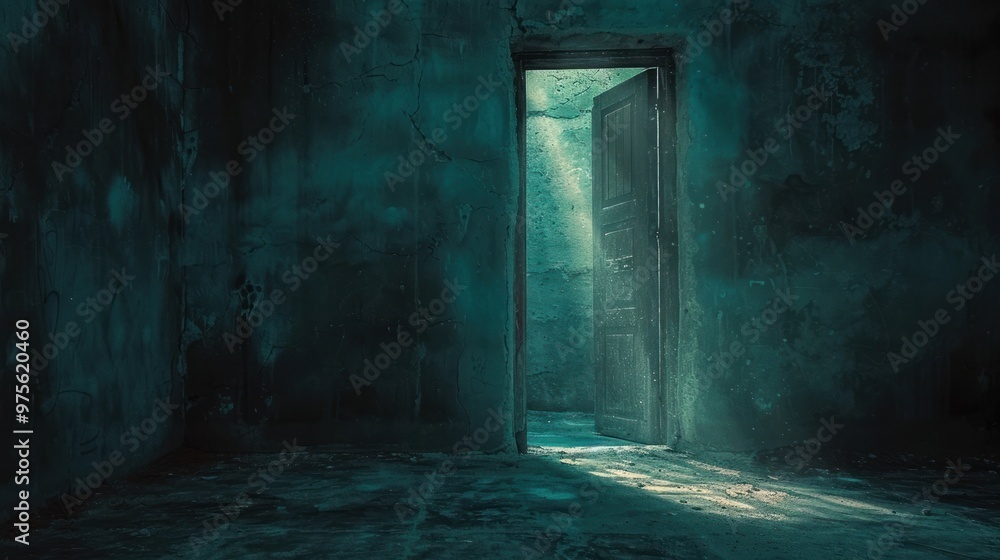 Dramatic and moody image of an ominous dark interior with a mysterious beam of light illuminating an abandoned dilapidated doorway or archway creating a sense of suspense and the unknown Dramatic and moody image of an ominous dark interior with a mysterious beam of light illuminating an abandoned dilapidated doorway or archway creating a sense of suspense and the unknown