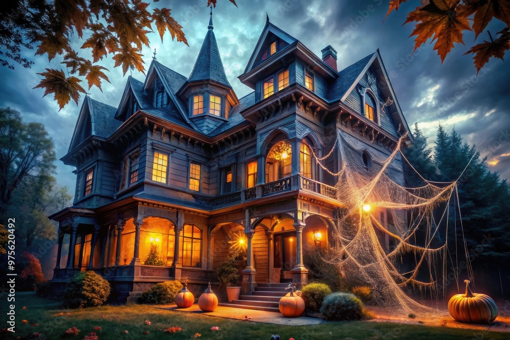 Fototapeta premium A spooky Victorian-style house is transformed into a haunted haven with eerie lighting, cobwebs, and a giant spider web, set to the rhythm of Halloween music.