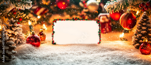 Snowy Christmas setting with red ornaments, pinecones, and a blank sign surrounded by garland, lit by warm holiday lights. photo