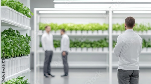 A modern indoor garden with two individuals discussing in the background, showcasing vibrant greenery on shelves.