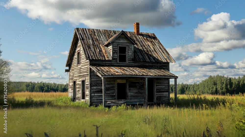 Abandoned wooden house in a lush green field under a cloudy sky during the day Abandoned wooden house in a lush green field under a cloudy sky during the day