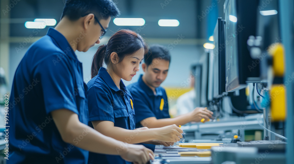 Teamwork In A Modern Factory, Workers Focused On Their Task, Assembling A Product. Teamwork In A Modern Factory, Workers Focused On Their Task, Assembling A Product.