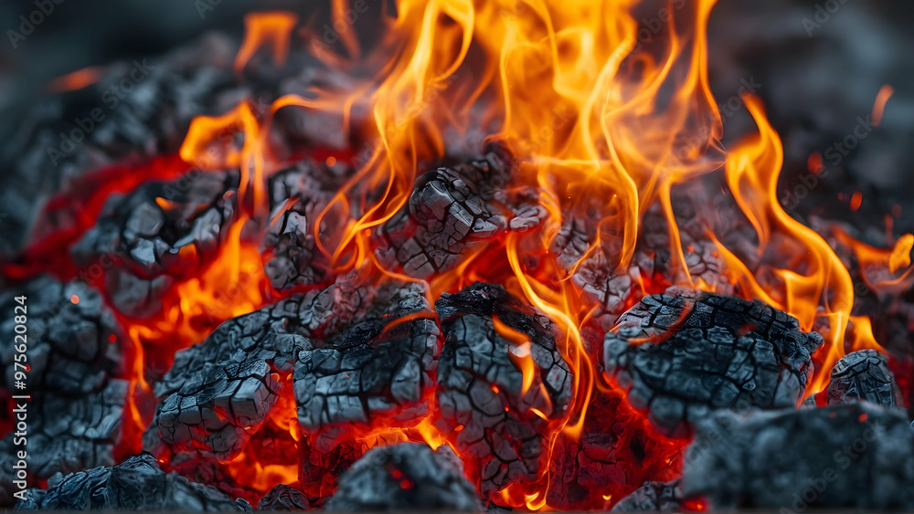 Bright orange flashes of fire from a bonfire on coals Bright orange flashes of fire from a bonfire on coals